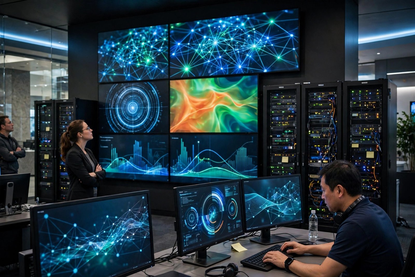 Network operations center engineers monitoring bank network infrastructure on wall displays