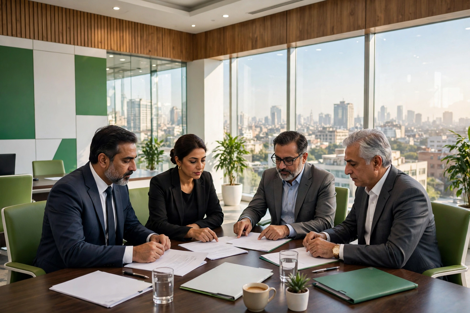 Banking professionals at work inside a modern Bank of Punjab branch in Lahore
