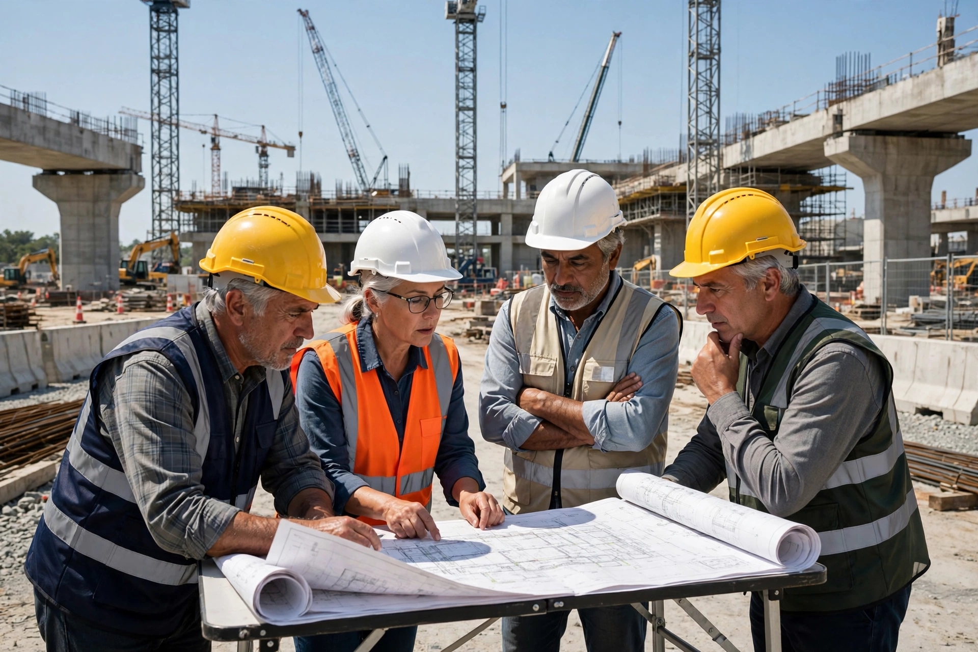 Senior engineers reviewing infrastructure blueprints at a large construction site in Islamabad