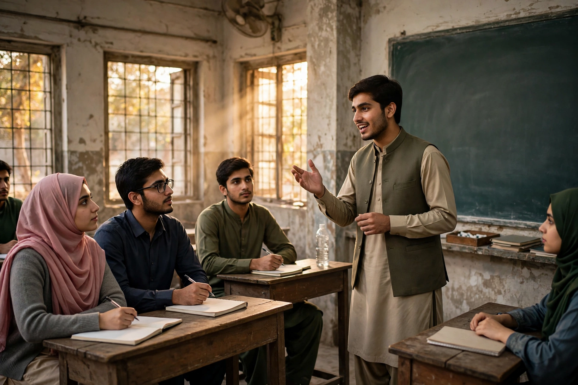 A college teacher explaining a lesson to students in a Punjab government college classroom