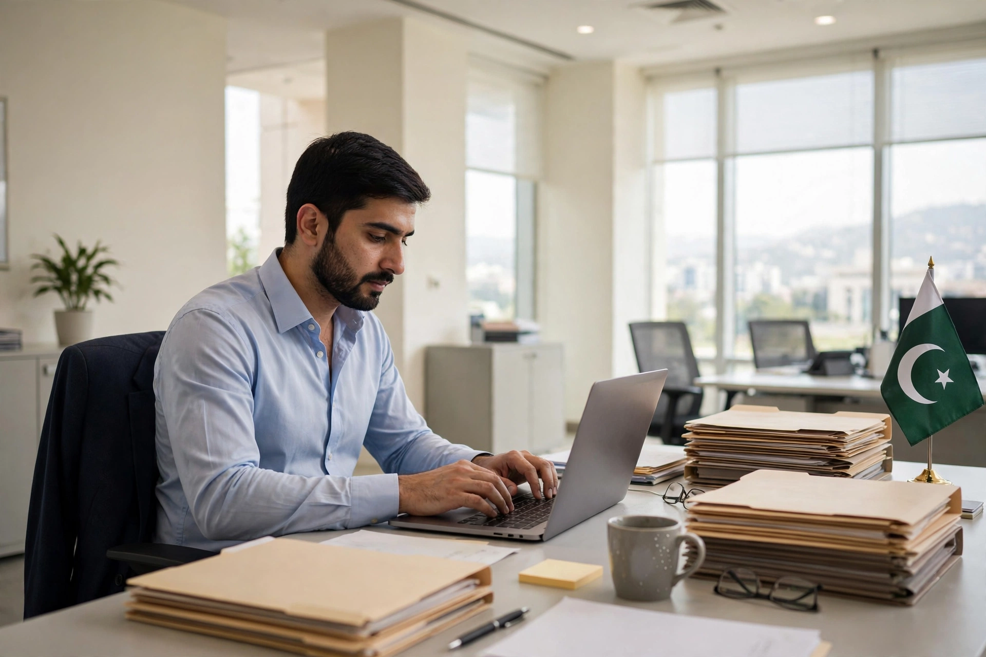 Pakistani office worker at a computer in a bright federal government office in Islamabad