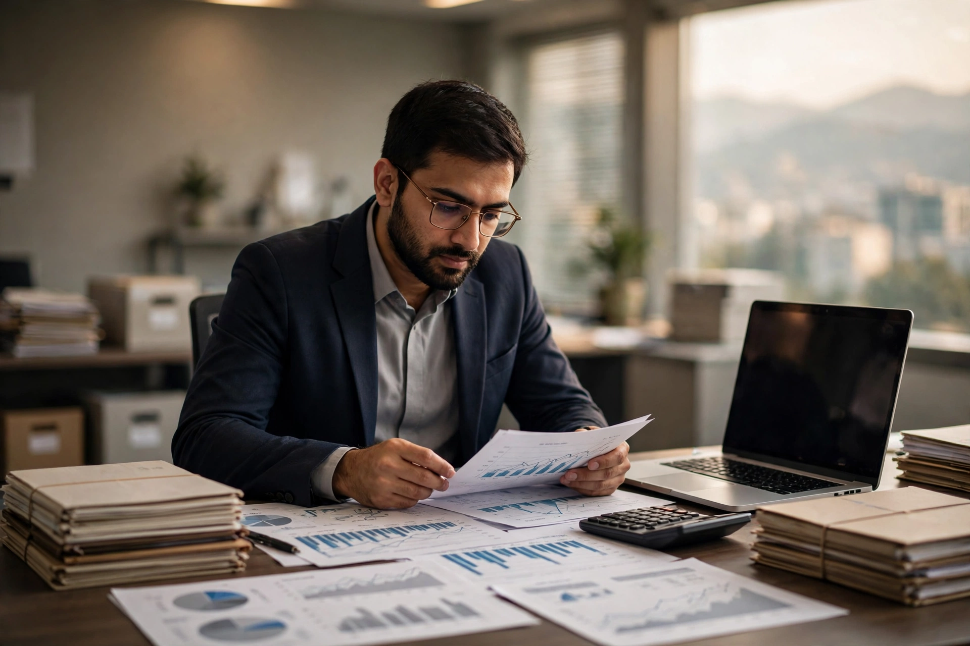 Tax analyst reviewing income tax documents and financial reports in a government office