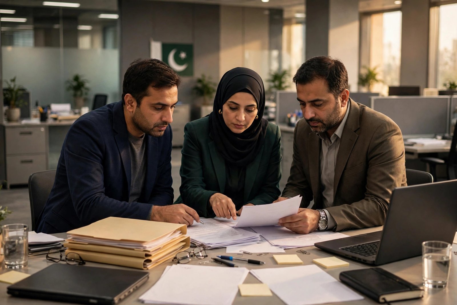 Federal investigators reviewing case files in a modern government office, representing FPSC-recruited FIA and FBR posts