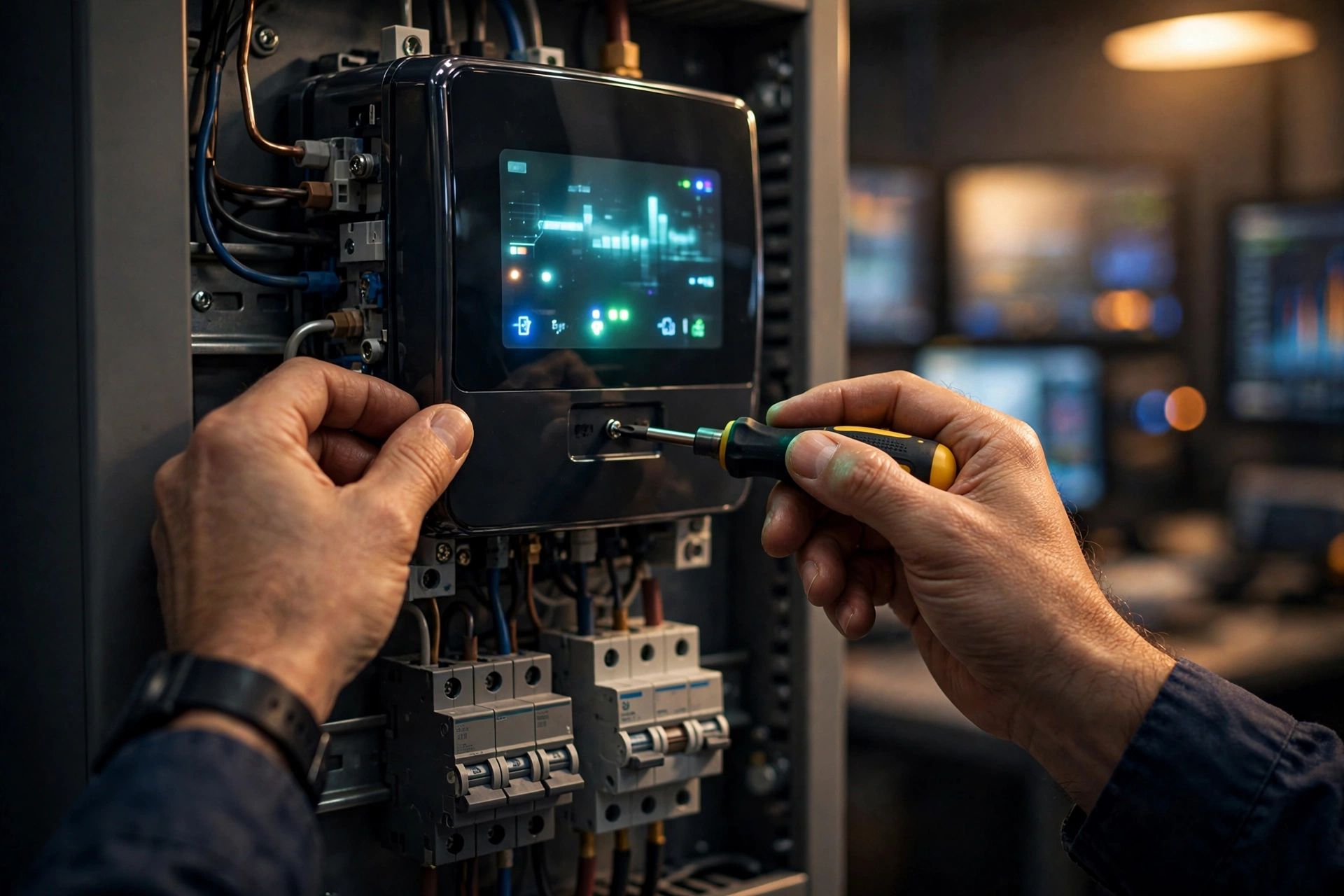 Technician installing a digital smart electricity meter on a distribution panel, representing GEPCO Advanced Metering Infrastructure jobs 2026