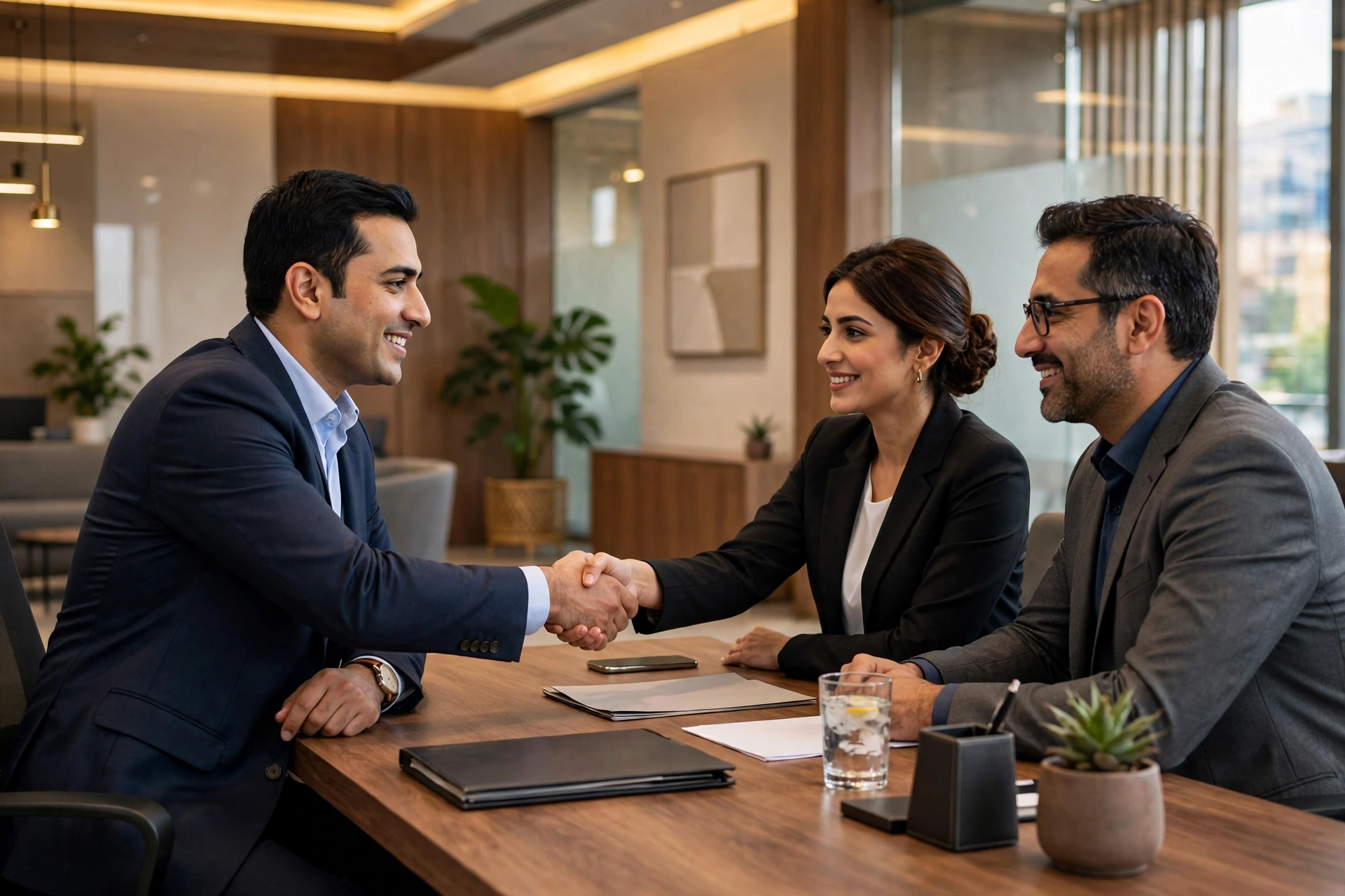 Bank relationship manager meeting corporate clients in a modern HBL branch office