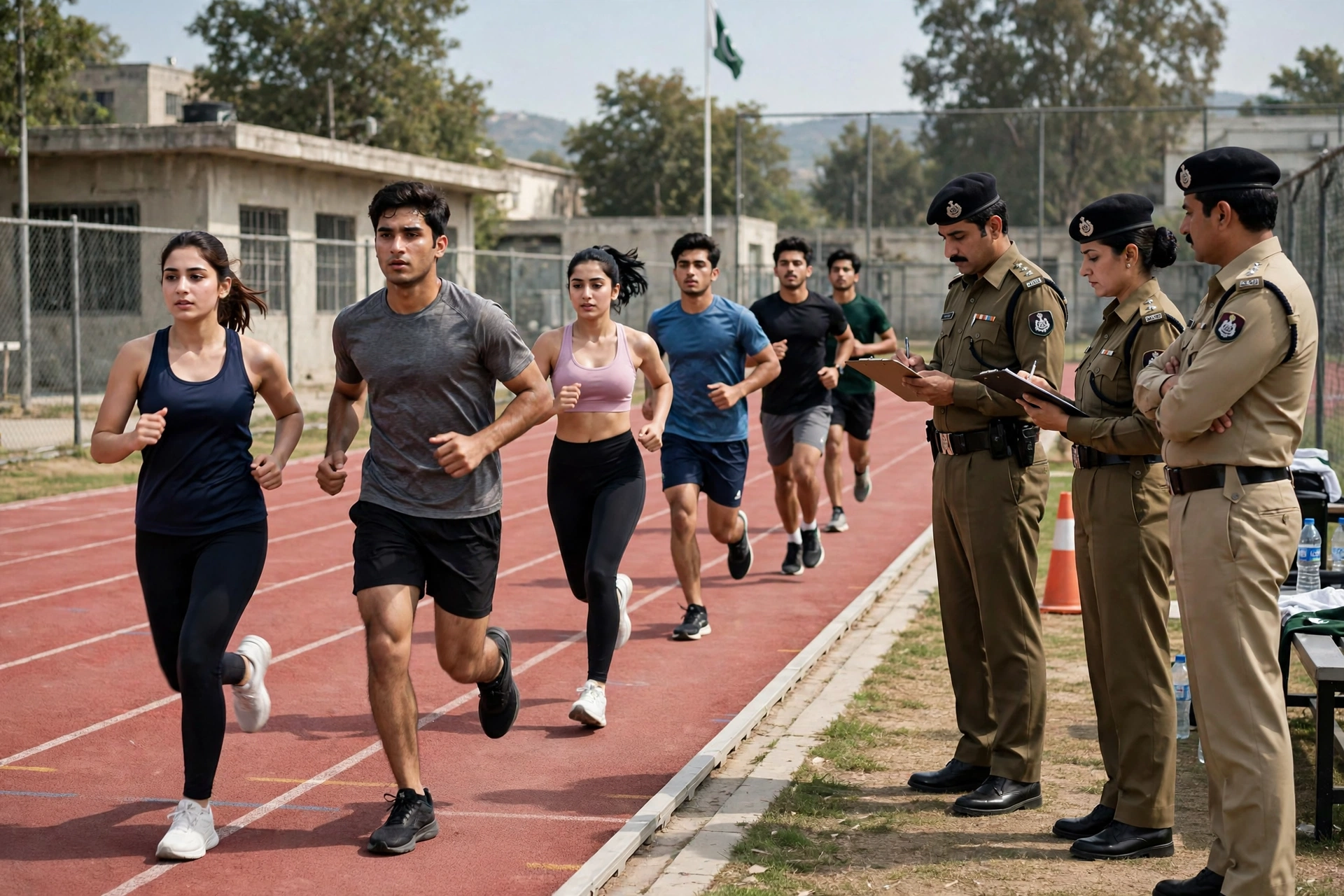 Young male and female applicants running an endurance fitness test on a track during Islamabad Police constable recruitment