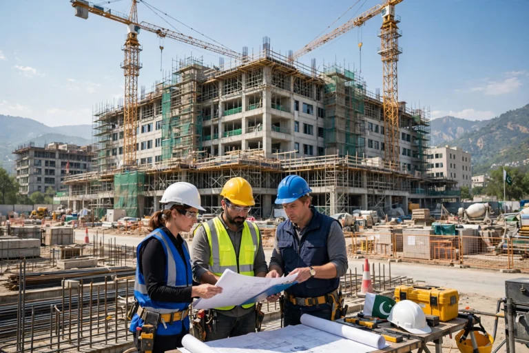Engineers reviewing blueprints at the Jinnah Medical Complex construction site, Islamabad – JMC Jobs 2026