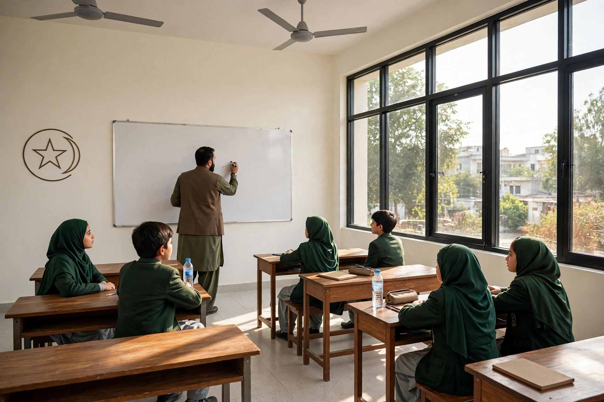 A teacher conducting a lesson in a bright modern classroom of a Daanish School in Pakistan