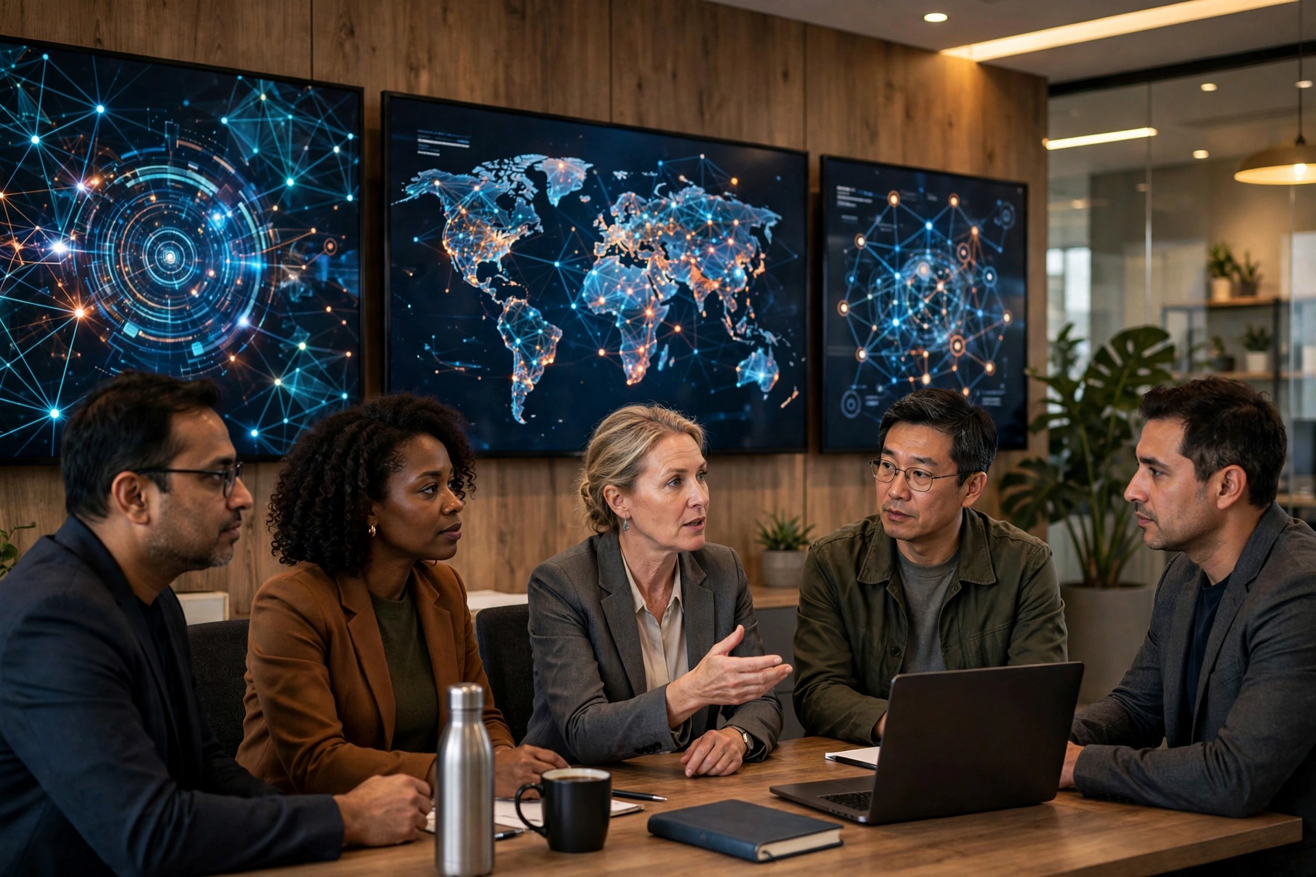 Senior technology executives in a strategy meeting with cybersecurity dashboards — NADRA CTO Jobs 2026