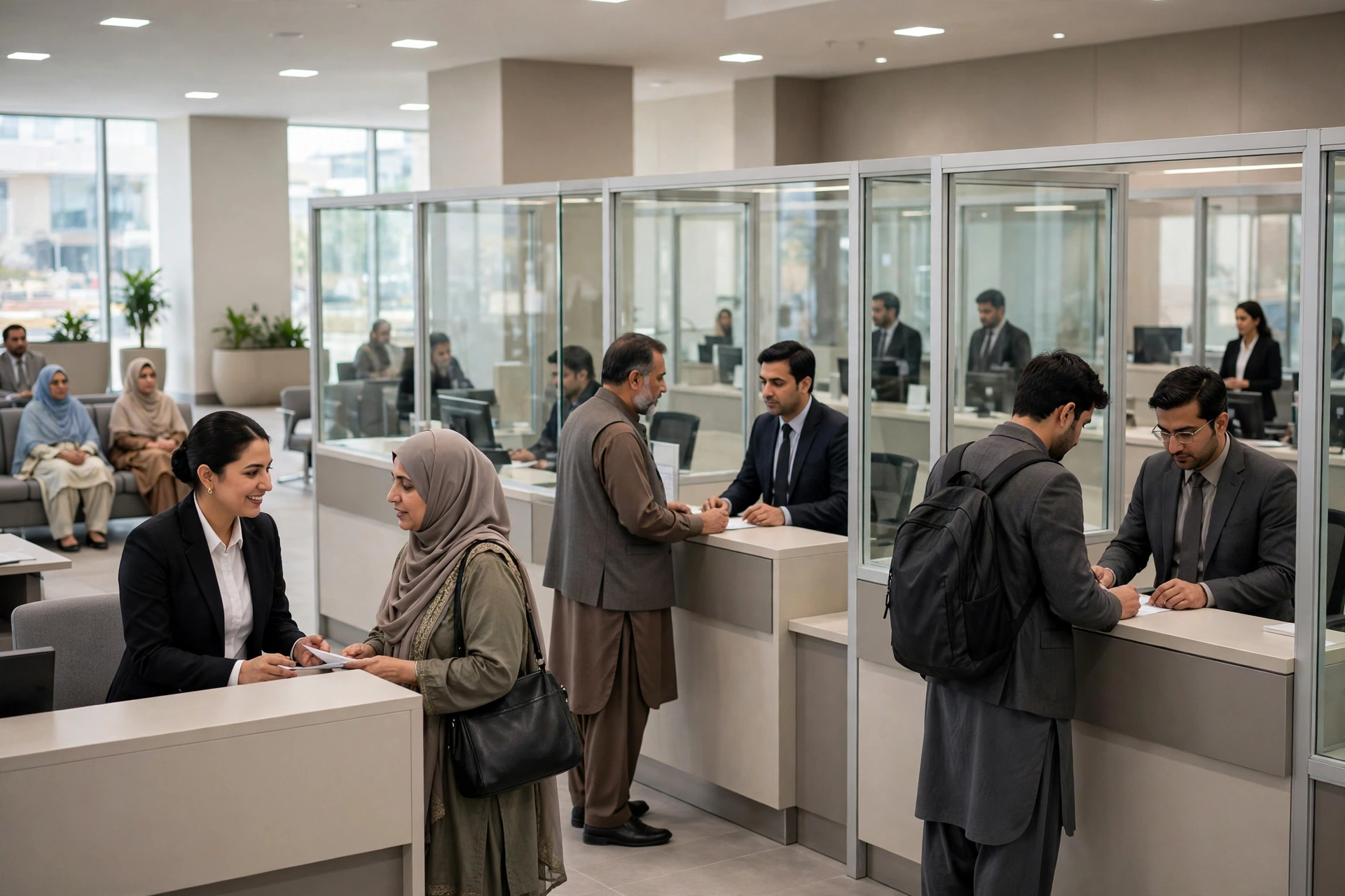 Inside a modern NADRA service hall in Pakistan, with staff assisting citizens at registration counters