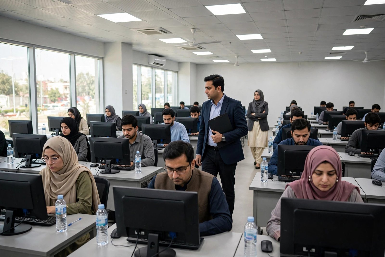 Candidates taking a computer-based screening test in a modern testing hall, representing the NPF Testing and Assessment Service recruitment 2026