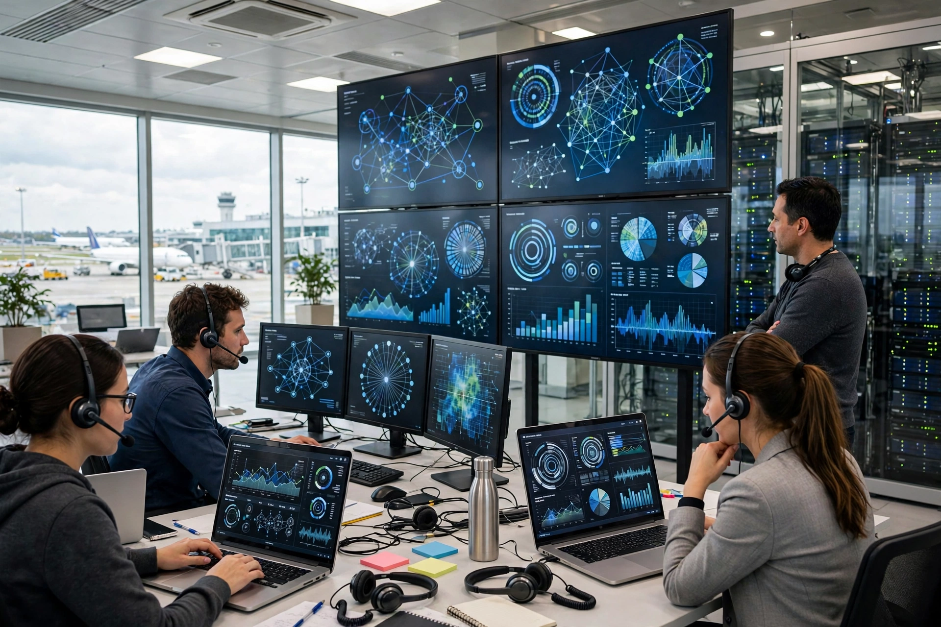 IT engineers monitoring airport network operations and server systems in a modern technology center
