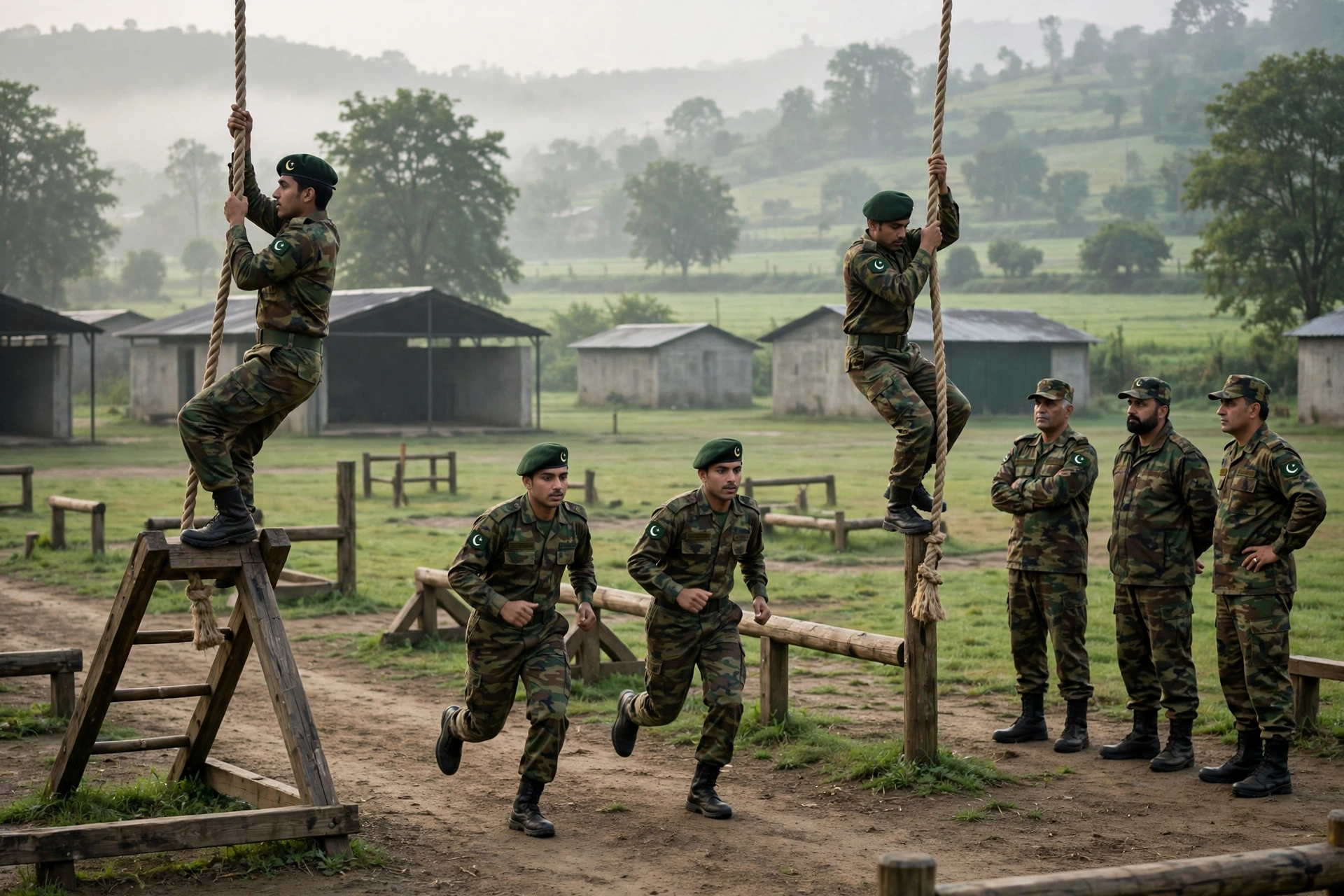 Pakistani Army recruits doing morning physical training on an outdoor obstacle course