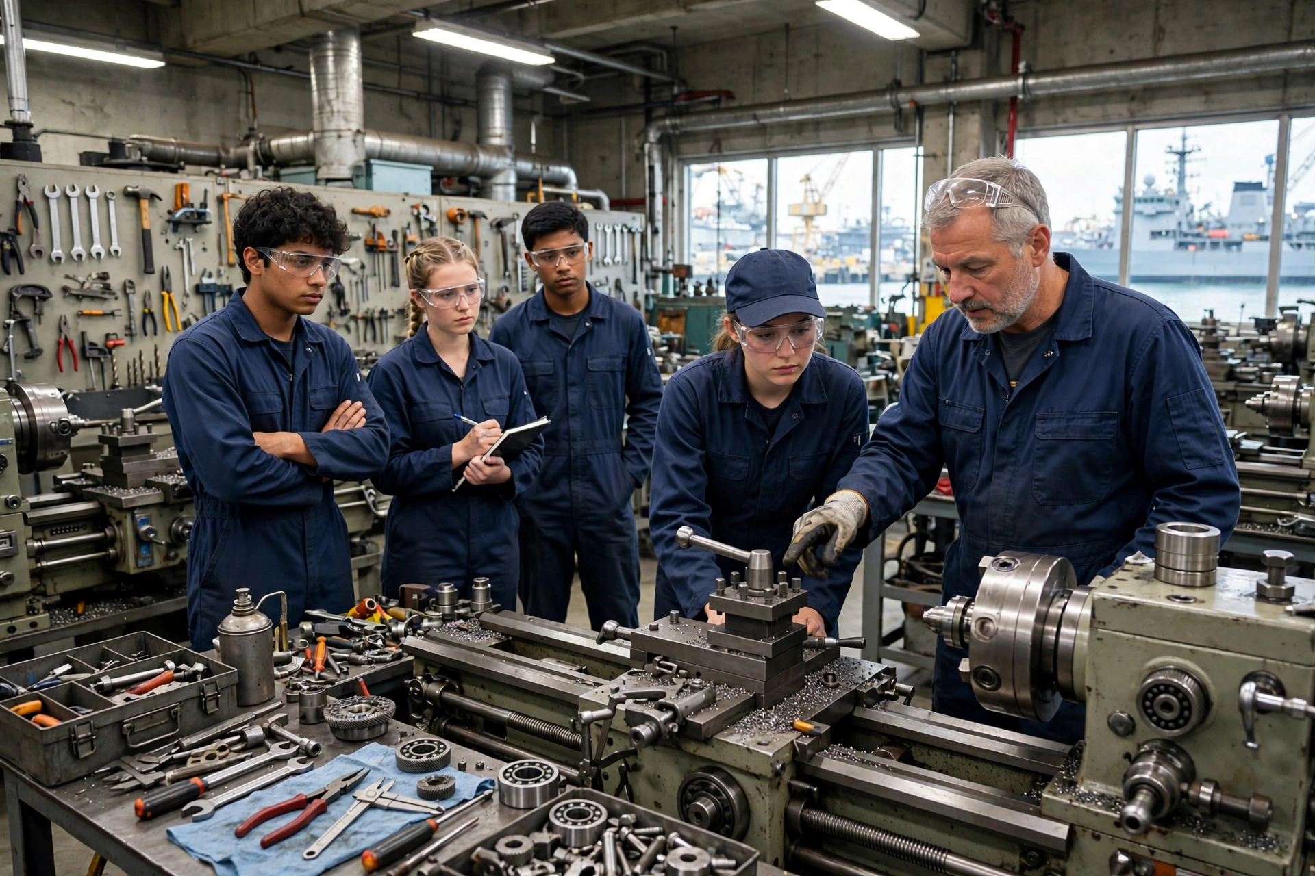 Young apprentice trainees learning technical skills in a Pakistan Navy engineering workshop