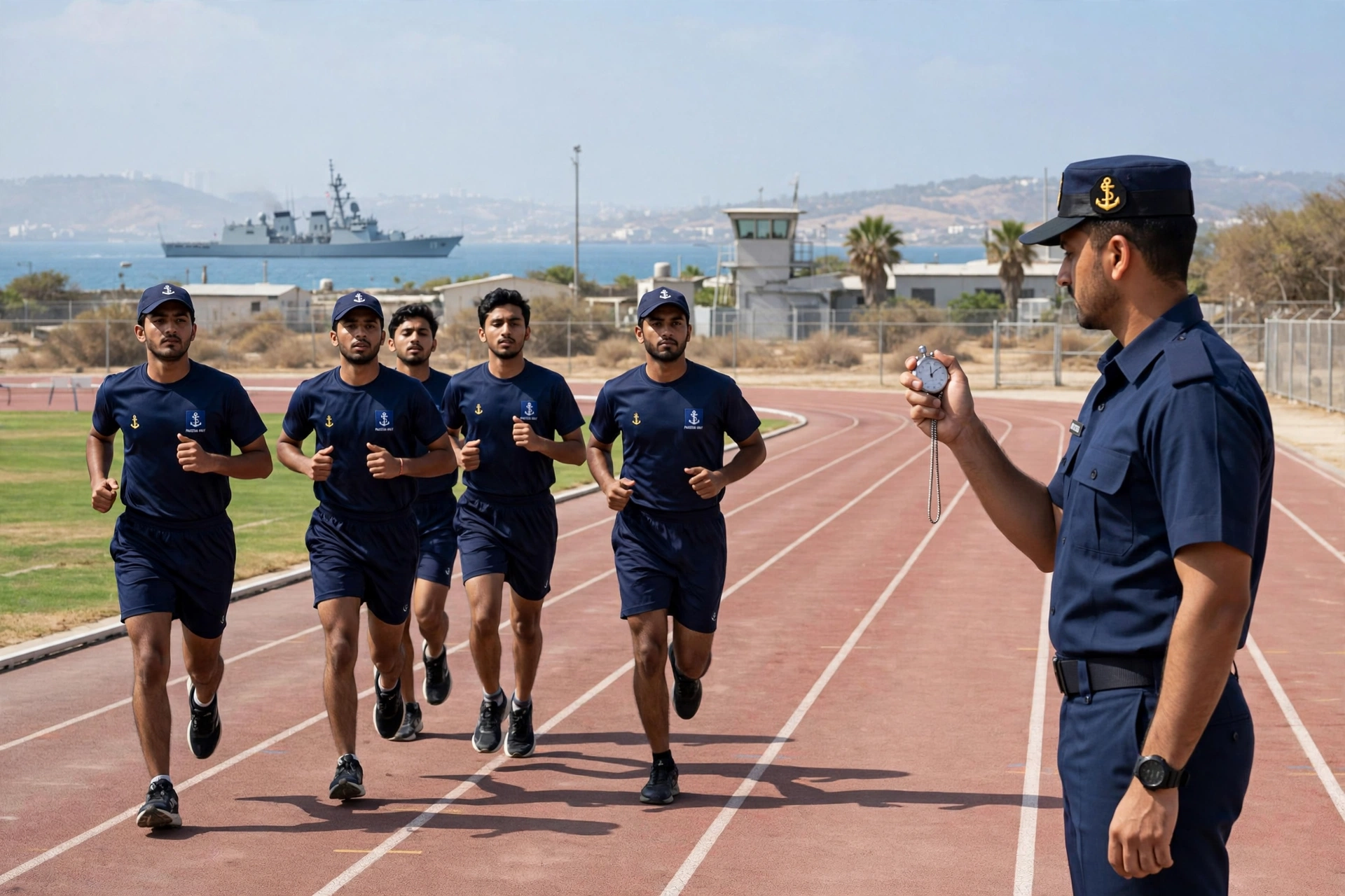 Pakistani naval recruits running a timed physical fitness test on a parade ground — Pakistan Navy Sailor Jobs 2026 Batch C