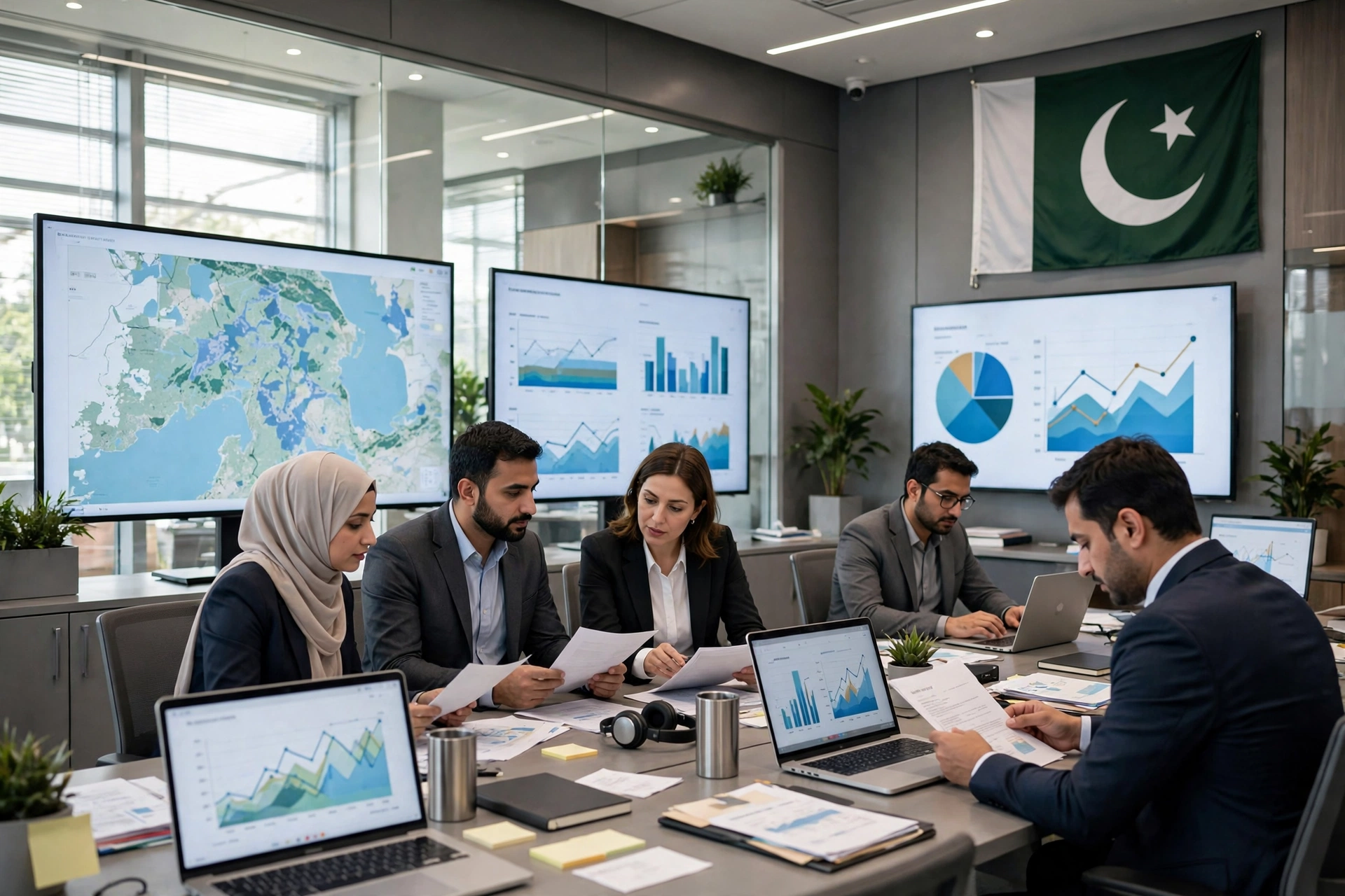 Professionals working at a modern regulatory authority office in Lahore with data dashboards and the Pakistani flag