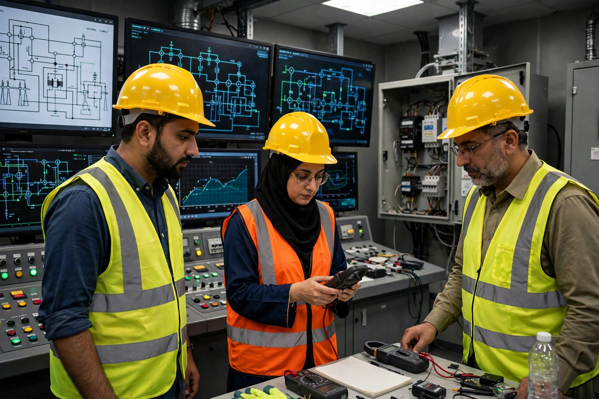PESCO engineers monitoring the electricity grid and a 132 kV transmission substation control room