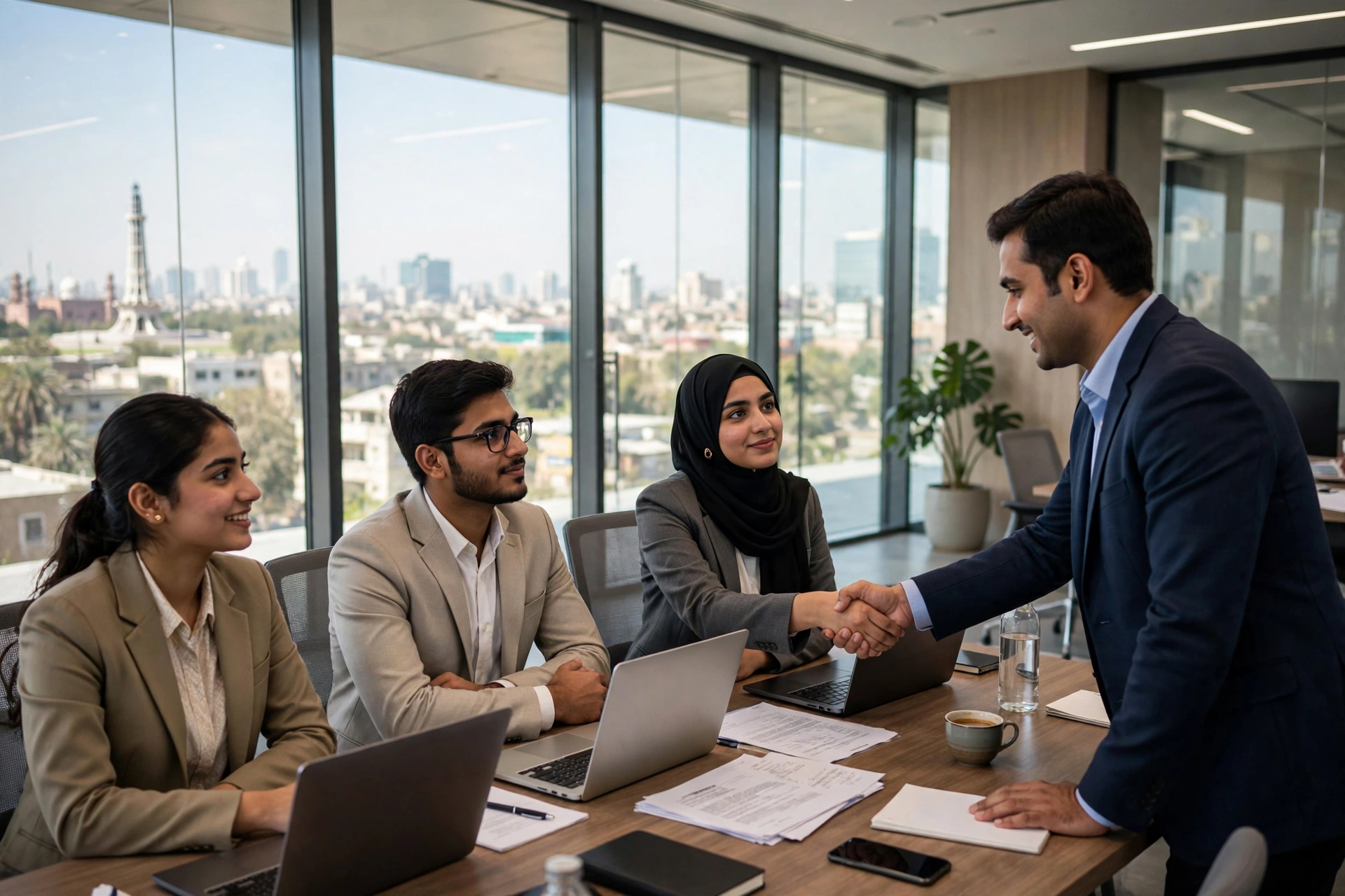 Young Pakistani job candidates at a modern tech job interview in a bright office