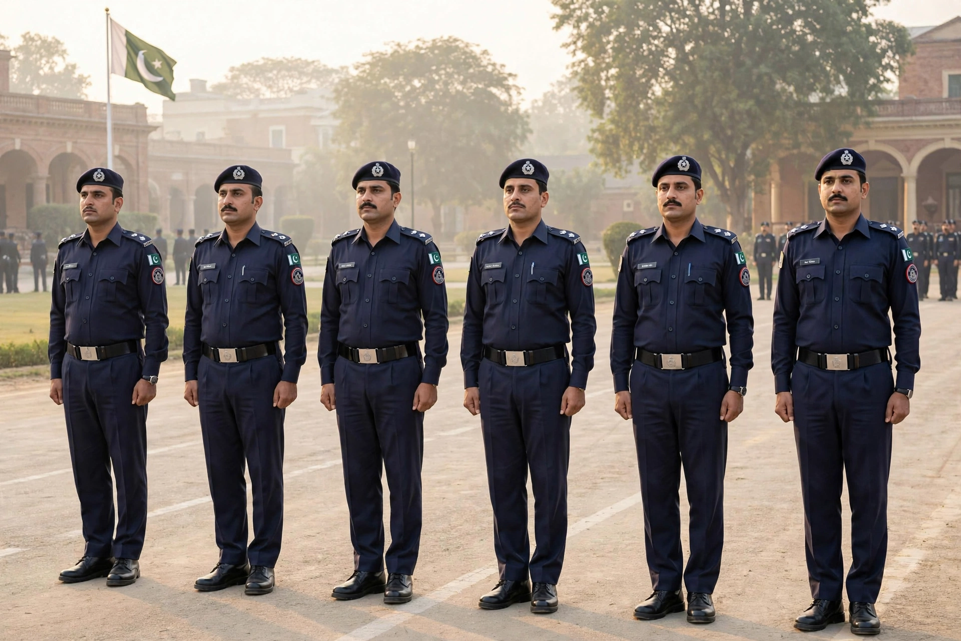 Punjab Police constables in navy uniform standing in formation at a police lines parade ground with the Pakistan flag