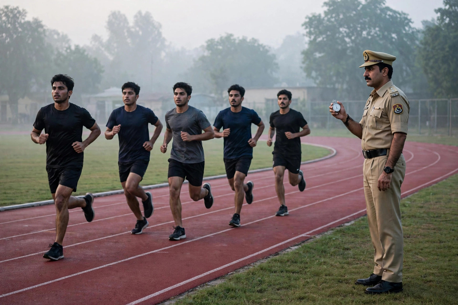 Police recruit candidates running a timed 1.6 km physical fitness test on a track while an instructor times them with a stopwatch
