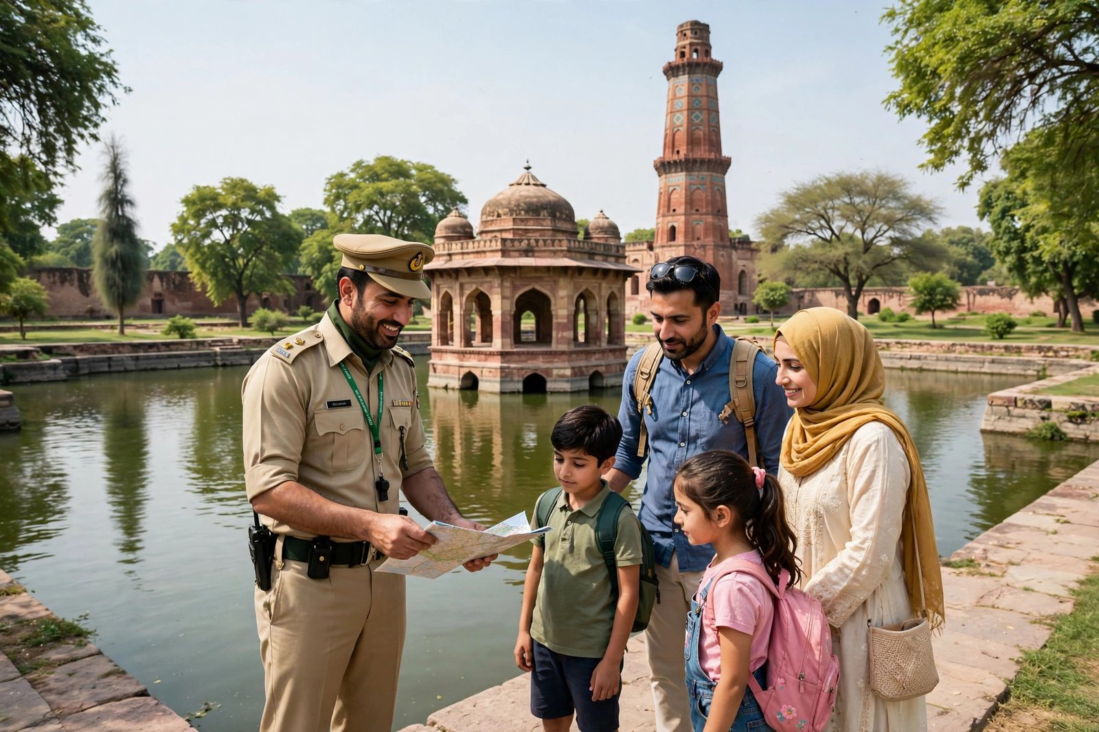 A uniformed Punjab tourism officer guiding a visiting family at a historic Mughal-era monument in Punjab