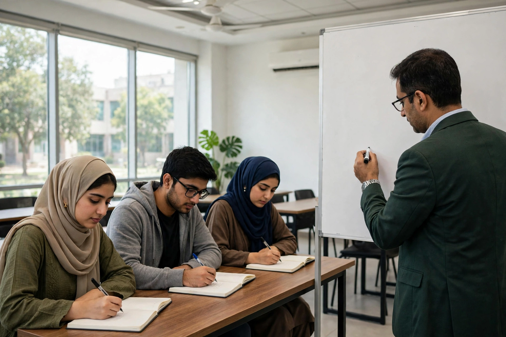 University lecturer teaching in a bright modern classroom at a Pakistani university