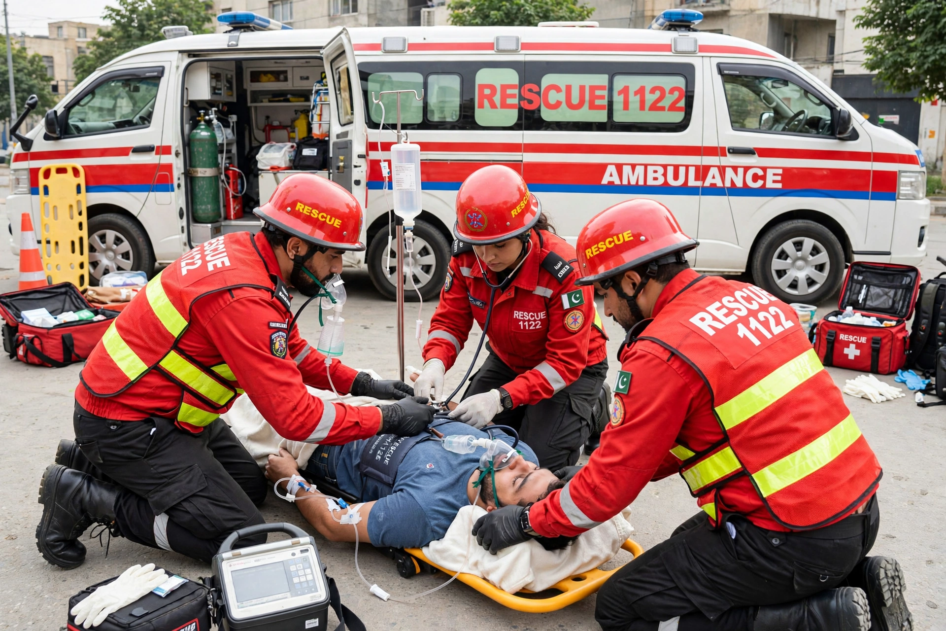 Rescue 1122 paramedics in red uniforms providing emergency medical first aid during training