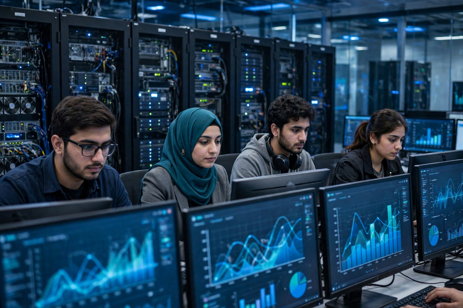 Young IT professionals working in a modern banking technology operations centre in Pakistan