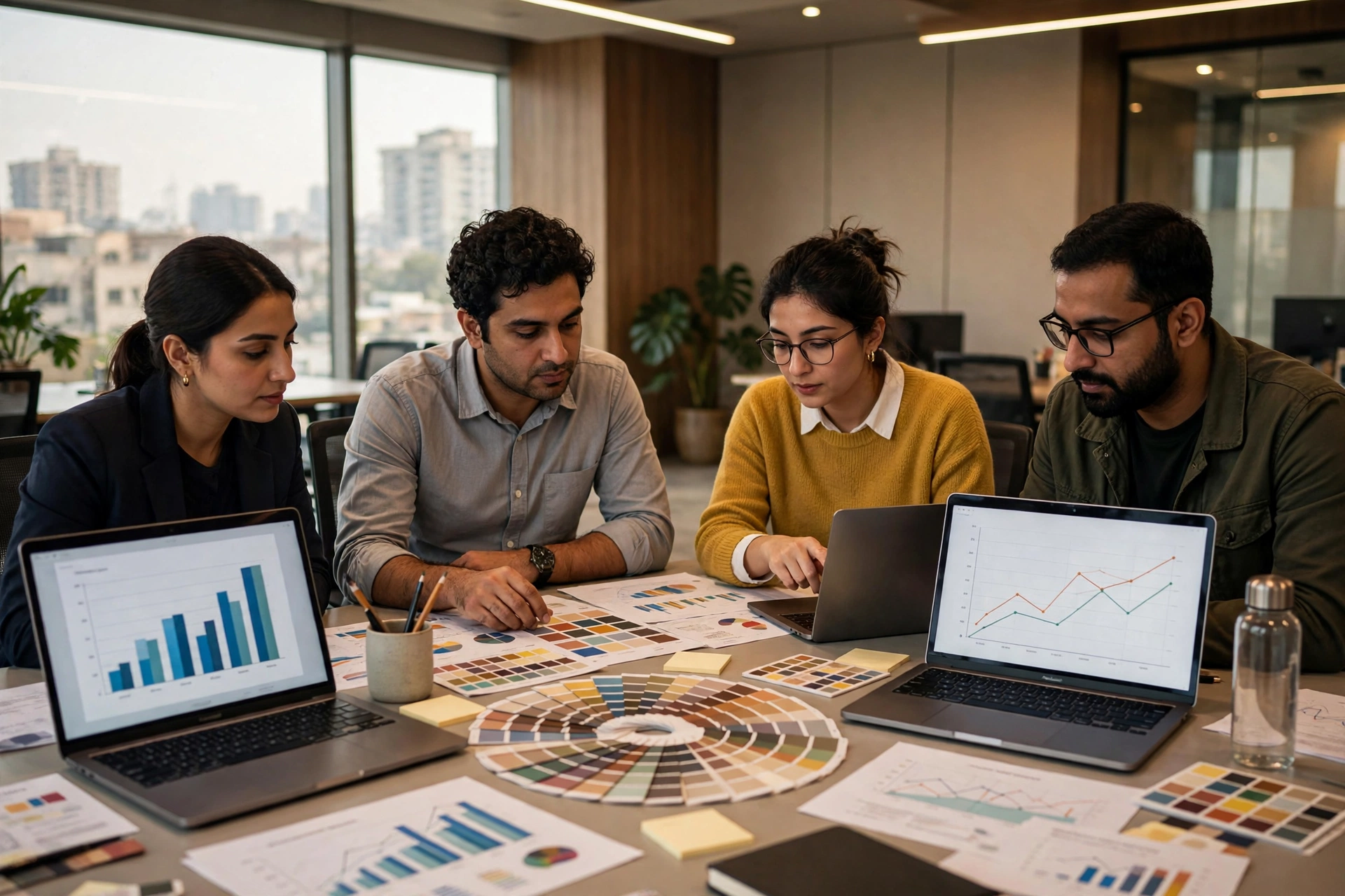 Corporate communication professionals reviewing branding materials and media coverage in a modern Karachi office