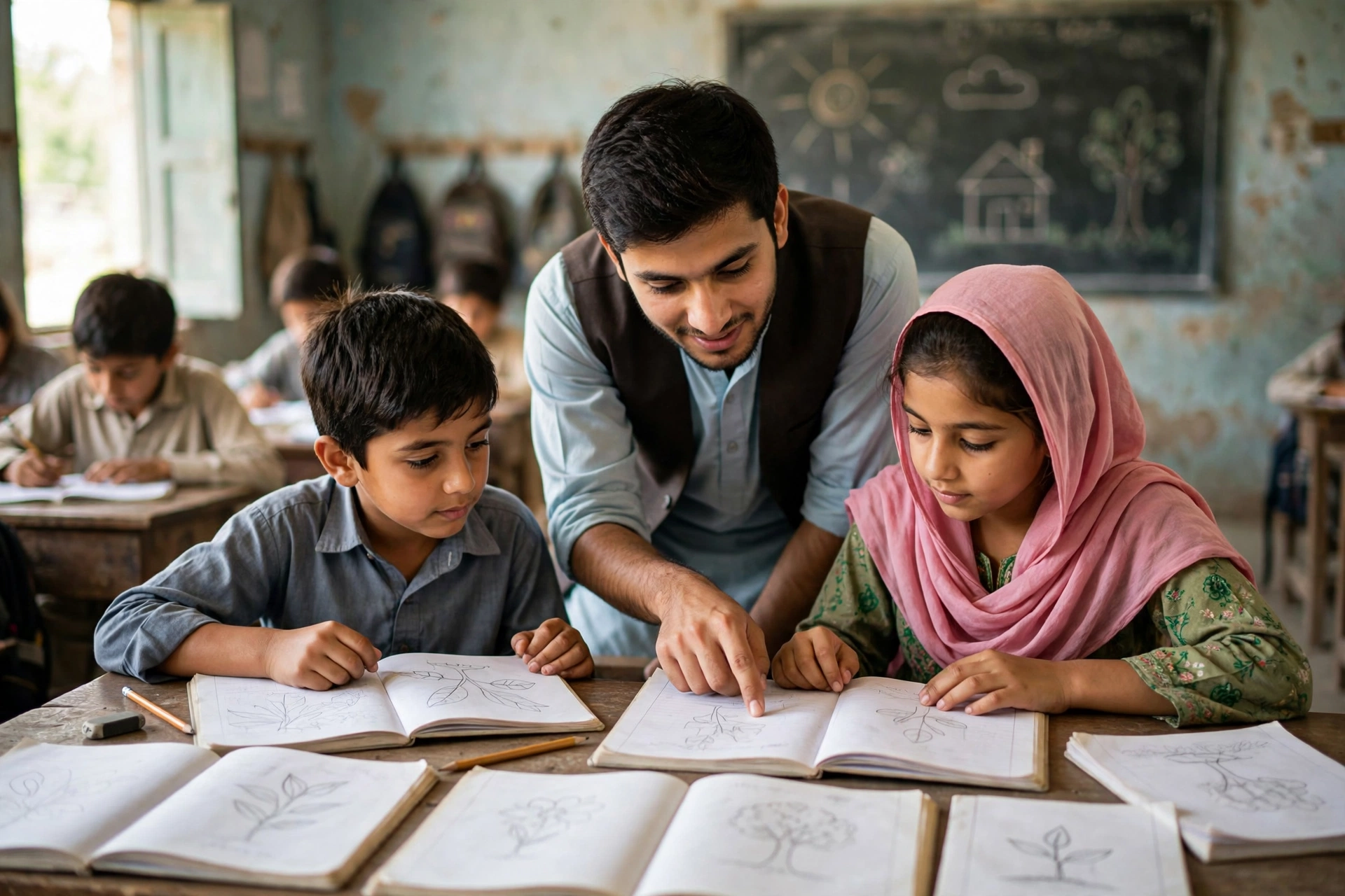Young Pakistani teacher guiding students in a bright government school classroom during the STI teaching internship program