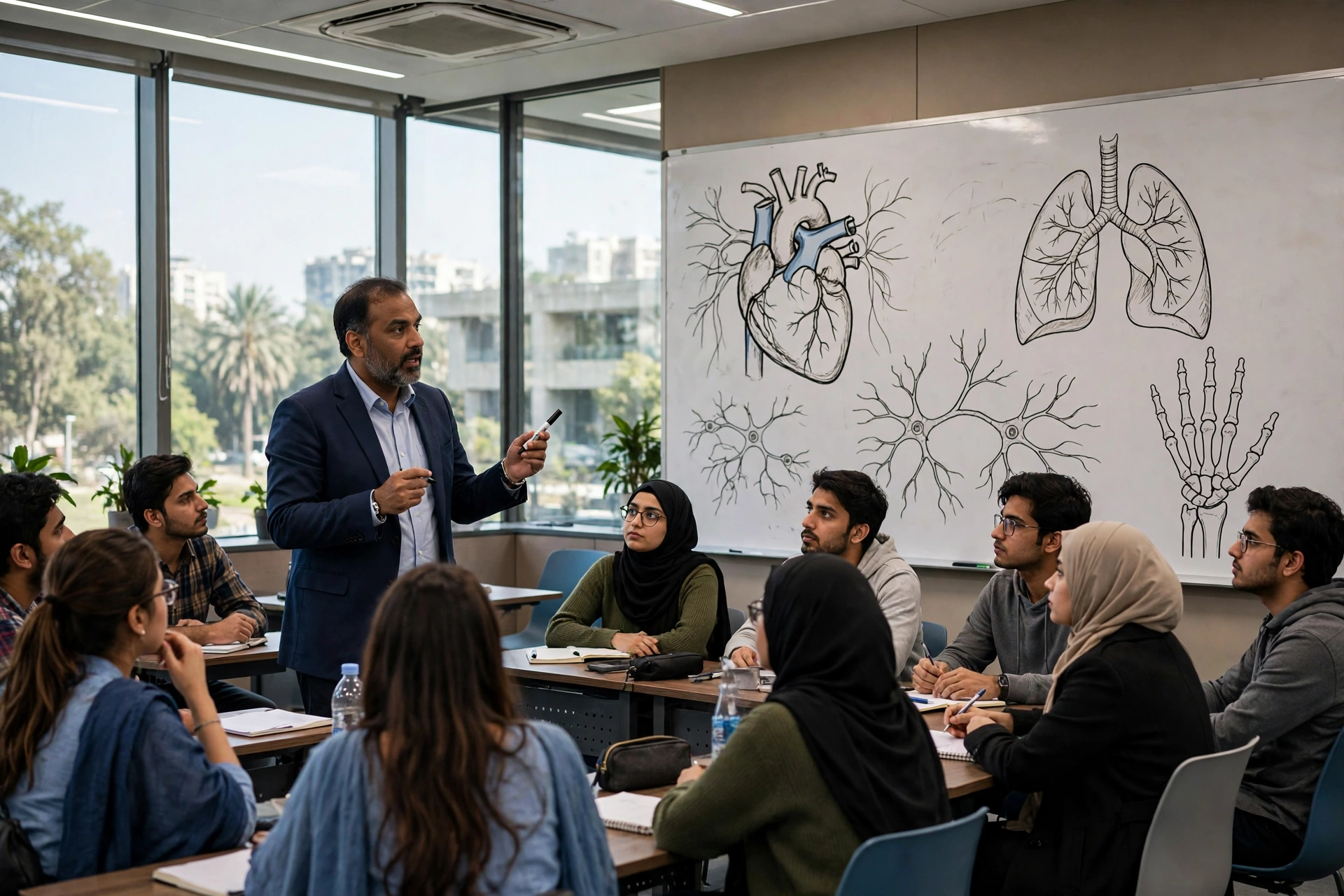 Medical professor delivering a lecture to students in a modern Pakistani university classroom