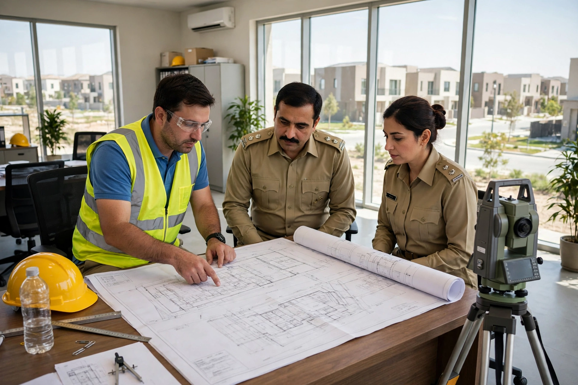 WECHS housing society administration office in Lahore with engineers and officers reviewing construction site plans