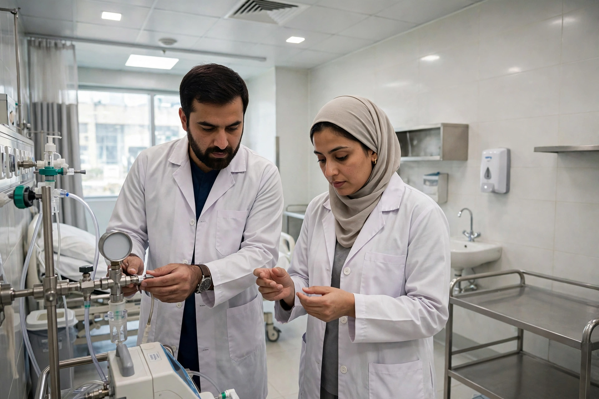 Healthcare inspectors in white coats checking facility standards inside a modern Pakistani hospital