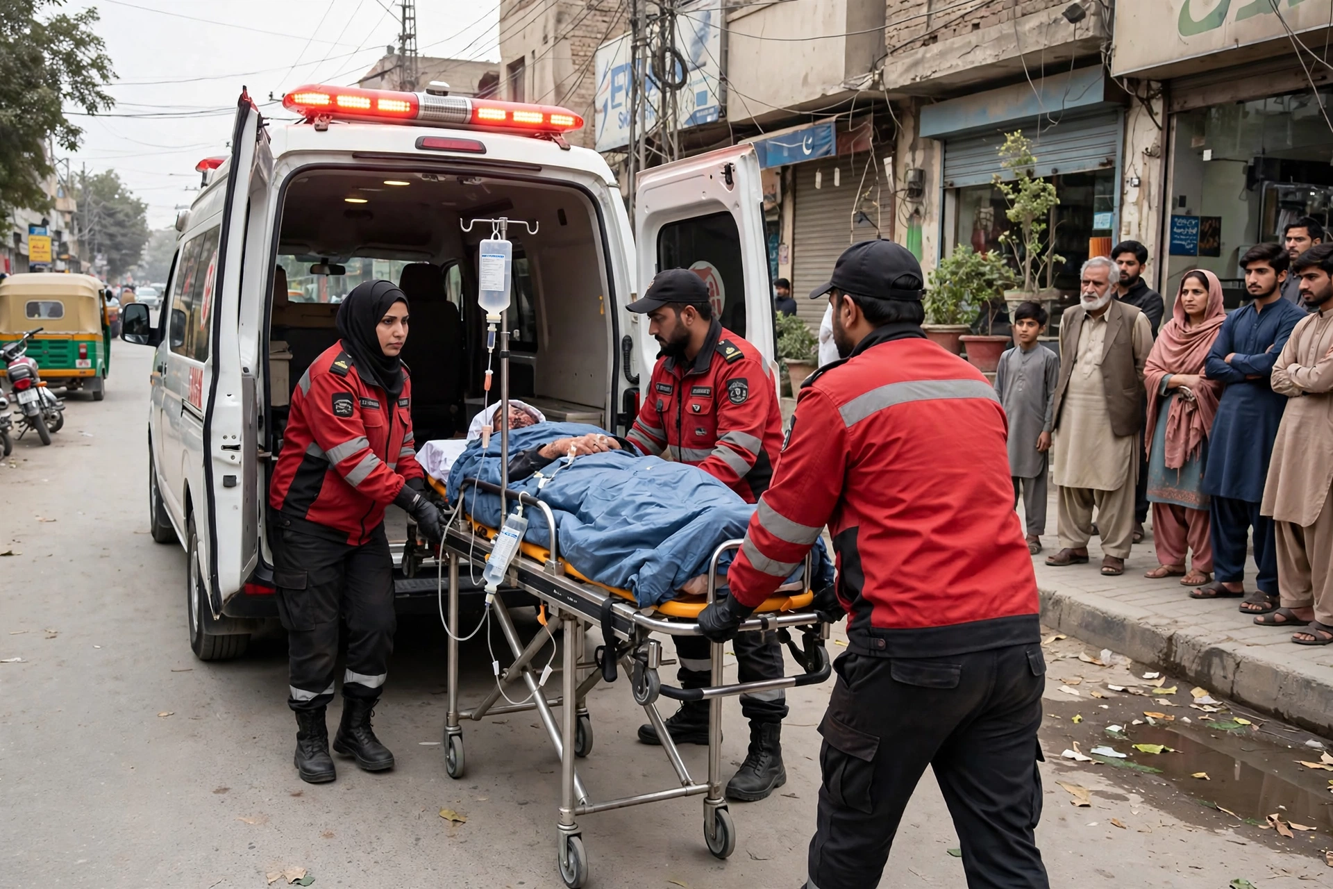 Rescue 1122 emergency responders and an ambulance during a training exercise in Lahore